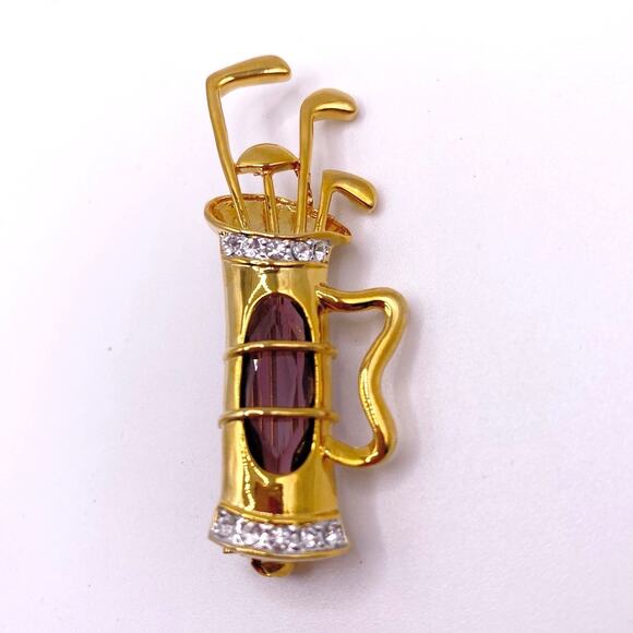 Vntg Gold Tone Golf Bag Brooch With Rhinestones and Purple Glass Stone Accent - Picture 4 of 6